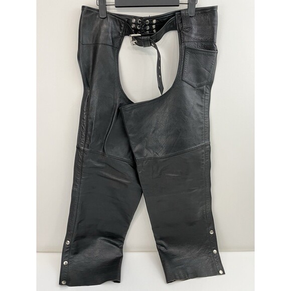 First Manufacturing Co Rally Riding Chaps FMC Black leather Biker Adj waist Med - Picture 1 of 10